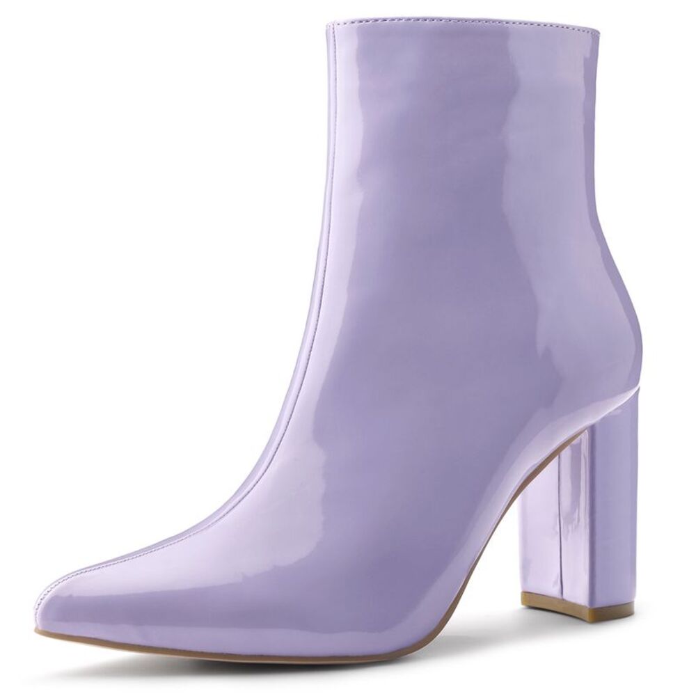 Pointed Toe Side Zip Chunky Heel Purple Ankle Boots